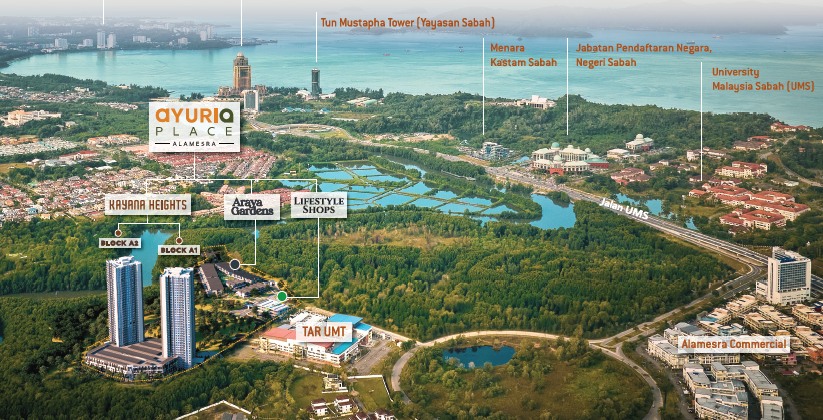 Aerial location view showing Ayuria Place and surrounding landmarks